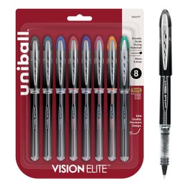 Uniball Vision Elite Rollerball Pens; Assorted Pens Pack of 8; Micro Pens with 0.5mm Ink; Ink Black Pen; Pens Fine Point Smooth Writing Pens; Bulk Pens; and Office Supplies