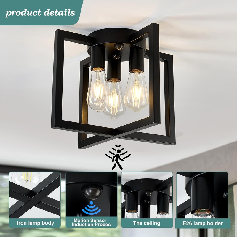 ZGLAOJT Motion Sensor Ceiling Light Fixture 3-Lights Semi Flush Mount
