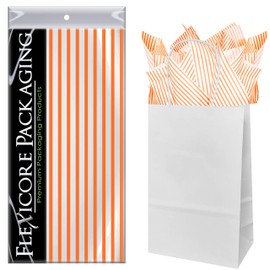 Flexicore Packaging White Kraft Paper Gift Bags & Orange Gift Wrap Tissue Paper | Size: 5.25 Inch X 3.25 Inch X 8.25 Inch | Count: 50 Bags | Color: Orange Pin Stripe
