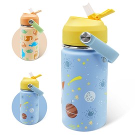 AMFUN 350ml /12oz Kids Insulated Water Bottle with Straw Lid,Small Flask Vacuum Insulated,Upgraded Leak Proof Lid With Straw & Handle for Boys Girls Toddler Hot Cold Drinks,BPA-Free（Space Model）