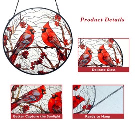 Sizavi Cardinal Red Bird Suncatcher Stained Glass Suncatchers 7.87 Inch Stained Glass Ornament for Home Decor Indoor Wall Art for Christmas Day Valentine's Day Mother's Day Women