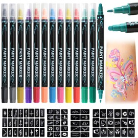 Erinde Temporary Tattoo Markers for Skin, 12 Colors Body Marker Pen + 67 Large Tattoo Stencils for Kids & Adults, Skin-Safe Dual-End Tattoo Pens for Body & Face Paint, Valentine's Day Gifts for School