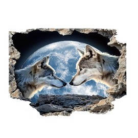 SUPERDANT 3D Wolf Wall Sticker Forest Animals Decals Stickers Moon Break Through the Wall Animal Funny Vinyl DIY Art Peel and Stick Decor for Kids Room Living Room Nursery Bedroom Wall Decor