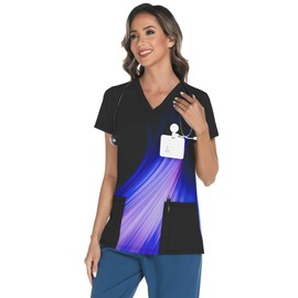 LOMON Scrubs for Women V Neck Galaxy Scrub Tops Soft Knit Printed Scrub Shirts Blue Aurora L