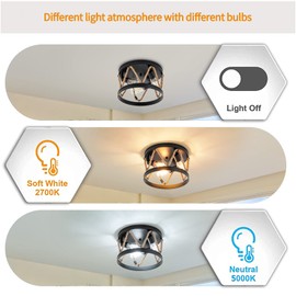 Industrial Flush Mount Ceiling Light,3-Light Farmhouse Ceiling Light Fixture with Rope Shade,Rustic Vintage Light Fixtures Black Metal Round Ceiling Lamp for Dining Room Hallway Foyer Bedroom Entryway