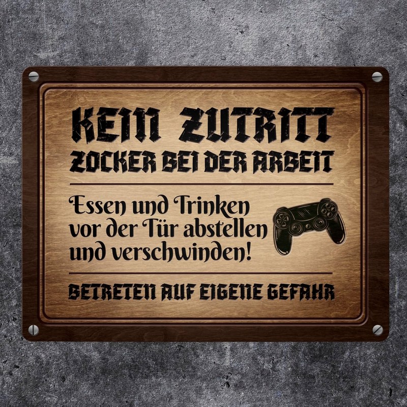 Gamer at Work Metal Sign in Wood Look with Controller