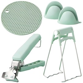 4-Piece Kitchen Bowl Gripper Set, Anti-Scald Stainless Steel Plate Clips with Hot Dish Holder, Heat Resistant Glove & Mat for Safe Handling of Hot Pots, Pans, Bowls & Plates