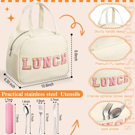 Sanwuta 5 Pcs Preppy White Lunch Box Set for Teen Girls Women Insulated Leather Cute Lunch Bag with Utensils Letter Thermal Bento Box for Teen Girls Kids Adult School Travel Office