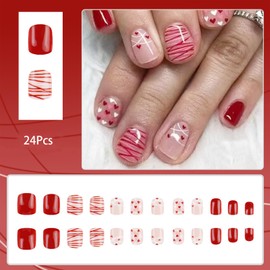 24 Pcs Heart Press on Nails Short Square Fake Nails Red Love Heart Design Valentines Day False Nails Cute Full Cover Love Heart Glue on Nails Short Artificial Nails for Women and Girls Holiday Nails