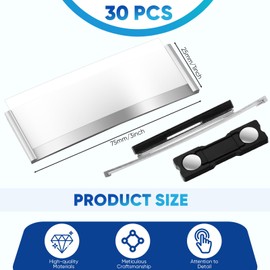 Pack of 30 Aluminium Name Badges with Strong Double Magnet, Professional Magnet Name Plate with Paper Slot, Anodised Curved Transparent Name Plate, Approx. 75 x 25 mm, Silver