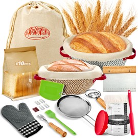 HASHMUST Banneton Bread Proofing Basket Kit, Sourdough Starter Jar Set, 9'' Round 10" Oval Fermentation Bowls Homemade Baking Supplies, Tools with Dough Whisk Cutter Lame Scraper Brush Scraper Bags