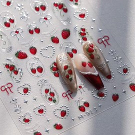 Strawberry Nail Art Stickers 5D Embossed Nail Decals Red Self-Adhesive Nail Art Decals with Silver Hot Stamping Nail Supplies DIY Decorations for Women (1 Sheet)