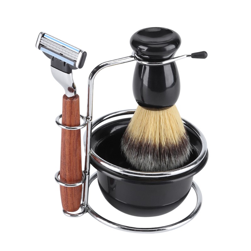 4Pcs Shaving Kit Manual Razor Stainess Steel Stand Holder Brush