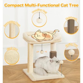 Made4Pets Small Cat Tree Tower, Cat Scratching Post 4-in-1 with Cat Self Groomer Brush, 20" Tall Natural Sisal Cat Scratcher, Soft Plush Cat Perch Bed with Dangling Ball for Indoor Kittens, Beige