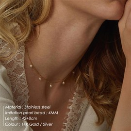 Finrezio Pearl Necklace for Women 14K Gold/Silver Plated Pearl Choker Necklace Dainty Stainless Steel Layered Y-Necklace Cute Pearl Pendant Chain Necklace Jewelry Gift