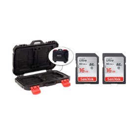 Memory Card Hard Protector Case, Holds 4 CF, 8 SD & 12 MicroSD (24 Slots) + 2X SanDisk 16GB Ultra UHS-I SDHC 80 MB/s Memory Card (Class 10) - Valued Bundle