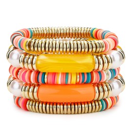 Dochais Colourful Bead Bracelets Women's Boho Elastic Bracelet Summer Bohemian Bracelets Pack of 5 Stackable Bracelets Vive Colours Pink/Naranja/Blanco, Acrylic