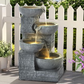 GIODIR 22" Outdoor Garden Water Fountains, 4 Tiers Cascading Resin Waterfalls Fountains with LEDs & Bowls, Modern Indoor Freestanding Patio Fountain for Patio, Deck, Yard as Home Decor (Light Gray)