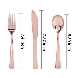 WDF 300 Pieces Rose Gold Plastic Silverware- Disposable Flatware Set - Heavy Duty Plastic Cutlery Includes 100 Forks, 100 Spoons, 100 Knives Perfect for Wedding, Party, Christmas