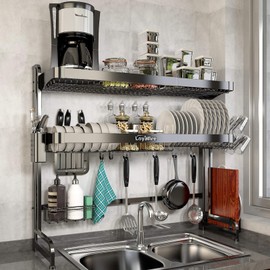 Over Sink Dish Drying Rack, Loyalfire 3 Tier Full Stainless Steel Adjustable Length (20.87''~37.6'') Large Storage Kitchen Dish Drainer Rack, Expandable Shelf Rack with Utensil Holder, Cup Hanging Set
