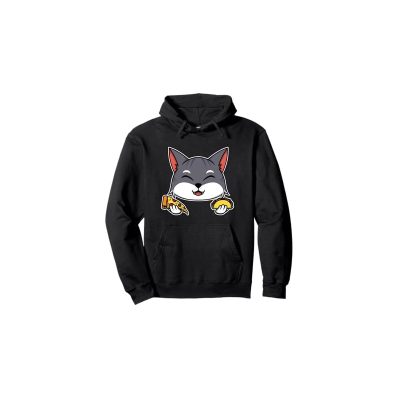 Cute Wolf Holding Pizza And Taco Pullover Hoodie