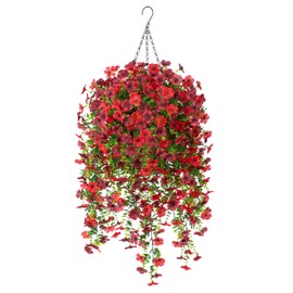 Artificial Faux Hanging Flower Plants with Basket Outdoor Spring Decoration, Fake Silk Flowers Daisy Planter Eucalyptus Realistic UV Resistant for Outside Garden Porch Patio Yard Home Decor(Red Brown)