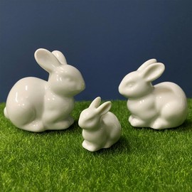 Basuo-9Q Set of Mini Ceramic Rabbit Figurines, Porcelain Easter Bunny Decorations for Home, Tabletop Ornament, Tea Ceremony Pet (3-White)
