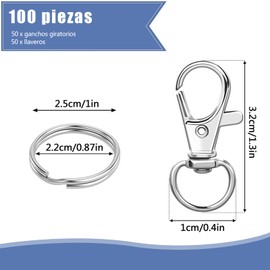 Argollas para llaveros, 100 broches de metal con llavero, incluye 50 Ganchos Giratorios Para Llavero Con Clip y 50 Anillos de Salto, Para llavero, joyería, accesorios para manualidades. (Plata)