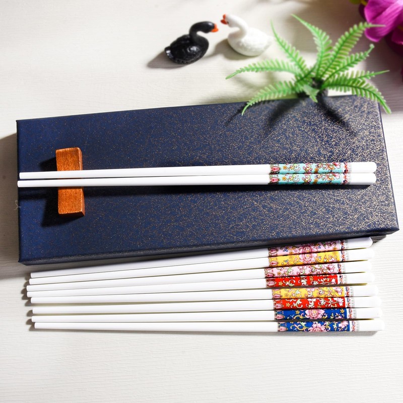 Ceramic Chopsticks 5 Pairs , 9.4" Reusable Chopsticks, Floral Patterns
