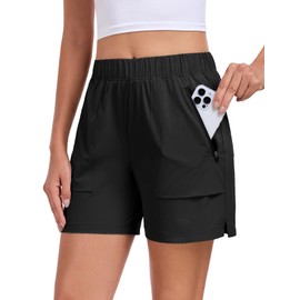 Nomolen Womens Quick Dry Hiking Shorts, Lightweight Athletic 5 inch Shorts for Women Cargo Shorts with Zipper Pockets, Black, Small