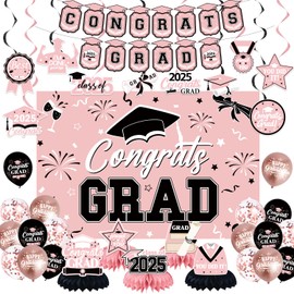 Graduation Party Decorations, Congrats Grad 2025 Graduation Decorations Include Banner Backdrop Hanging Swirls Latex Balloons Honeycomb Centerpieces Supplies for Graduation Party (Pink Black)