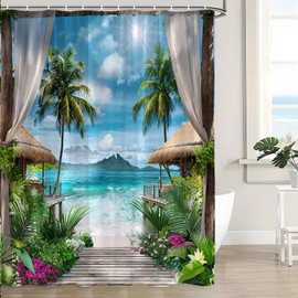 Ocean Beach Shower Curtain Tropical Summer Palm Tree Leaves Blue Sky Sea Wave Hawaii Vacation Seaside Island Landscape Natural Scenery Wooden Windows Fabric Bath Curtain with Hook