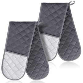 Neer 2 Pcs Grey Double Oven Mitt Heat Resistant Kitchen Gloves Non Slip Kitchen Mittens Cooking Glove for Baking Grilling Gift for Mom Grandma Women