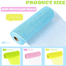 HONGCI 4 Rolls 10 Inches x 10 Yards Deco Poly Mesh Ribbon - Metallic Foil Deco Poly Mesh Set for Crafts, Wreaths, Loot, Bows and Garlands (Pink/Blue/Yellow/Green)