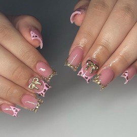 Press on Nails French Tip Square Gold Bow Design Full Cover Reusable False Nails Nude Pink 24Pcs Artificial on Nail Short Fake Nails for Women Wedding Party Daily Wear Nail