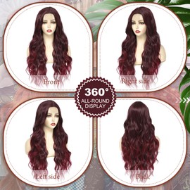 BUPPLER Cosplay Long Ombre Burgundy Red Wig 26 Inch Middle Part Synthetic Wig Realistic Gifts Party Wigs for Women Daily Use Colorful Wigs (Ombre Burgundy Red)