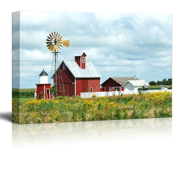 Canvas Prints Wall Art - Beautiful Scenery of Windmill, Barn,