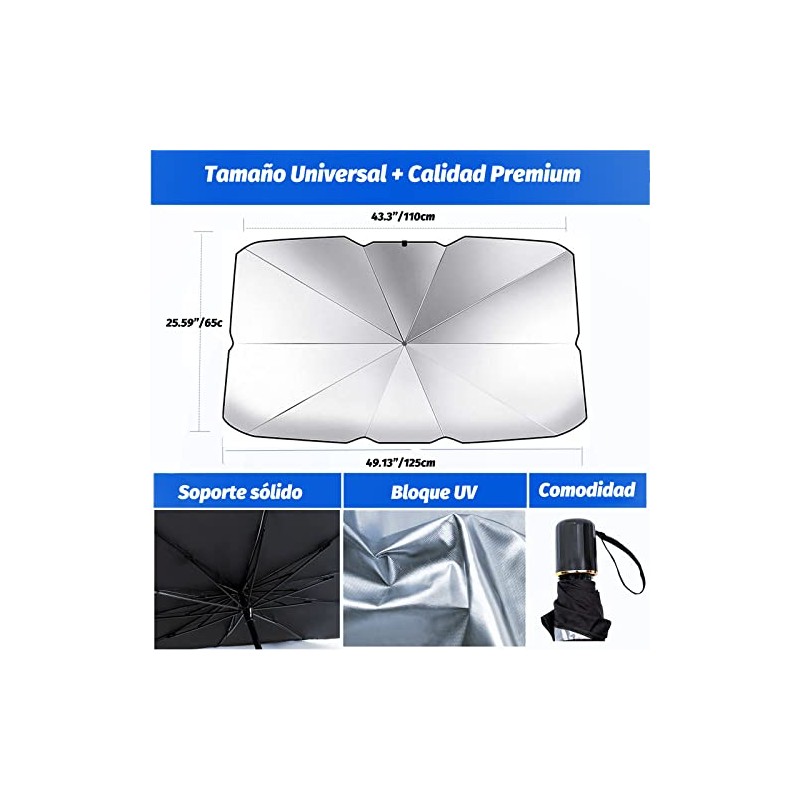 Parasol para Parabrisas de Coche, (65cm*125cm)con 4 Piezas de Malla