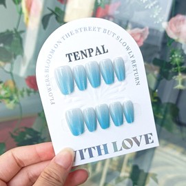 TENPAL Handmade Press on Nails Medium Sea Salt Ice Ombre Blue Cat Eyes Fake Nails With Soft Gel Finished Acrylic Glitter Coffin False Nails For Women Girls 10pcs/Box Sky Light Blue Nails(S)