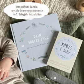 mintkind® Baby Gift Set "Mein erstes Jahr" Baby Diary + Milestone Cards Baby Whale I Memory Box Baby I Photo Album to Design Yourself I Baby Gift Boy & Girl