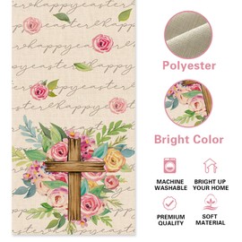 Croar Happy Easter Christian Table Runner, Religious Faith Cross Rose Flower Floral Kitchen Dining Table Decoration, Spring Vintage Burlap Indoor Outdoor Home Decor Party Supply 13 x 36 Inches