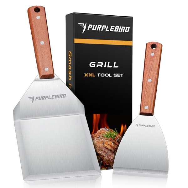 PURPLEBIRD Extra Large Grill Spatula Set Stainless Steel Smash Burger Spatula Kit, 5.5 x 5 inch BBQ Griddle Spatula and Grill Scraper, Griddle Tools, Grill Utensils for Camping