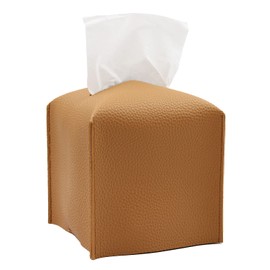 Livelab Tissue Box Cover, Modern Square Decorative PU Leather Facial Paper Case Organizer Holder Dispenser for Bathroom, Vanity Countertop, Night Stands, Desk, Car 5X5X5'' | Camel