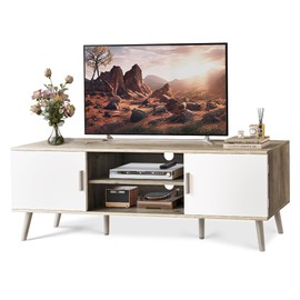 SUPERJARE TV Stand for 55 Inch TV, Entertainment Center with Adjustable Shelf, 2 Cabinets, TV Console Table, Media Console, Solid Wood Feet, Cord Holes, for Living Room, Bedroom, Gray and White