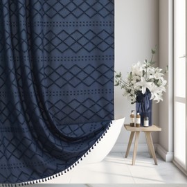 Siiluminisoy Extra Long Boho Farmhouse Shower Curtain Woven Fabric Navy Blue 84 Inch Curtain, 72 x Tufted Chevron Textured Striped Modern Minimalist Cloth Set with Hooks for Bathroom