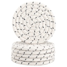 Coasters for Drinks, Vintage Woven Coasters for Table Protection, Water Absorbent Coaster Set, Handmade Braided Fabric Coasters Heat-Resistant (White + Grey Dots, 6)