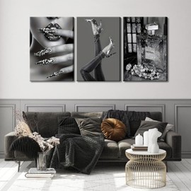 Modern Fashion Woman Canvas Wall Art Black and white stylish wall decor pictures High Heels Lipstick Perfume Painting Artwork Luxurious Shiny Prints for Bathroom Bedroom Office Decoration 16x24IN