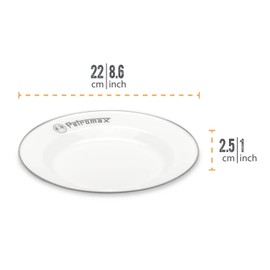 Petromax Enamelware Dinnerware Plates, Traditional Lightweight Enameled Steel Tableware for Kitchen and Camping, 2 Pack for Hot or Cold Food, 8.6 inch, White