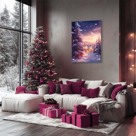 Enchanted Snowy Village Canvas Wall Art - Glowing Christmas Cottage Scene at Sunset - Rustic Academia Winter Home Decor, Oil Painting Wall Decor, Spectacular Xmas Prints Artwork, Framed 20x24inch