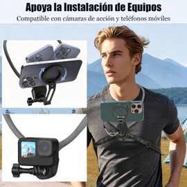 Soporte magnético para Cuello para teléfonos, Soporte de cuello para Cámaras de Acción con Correa, POV/Vlog para Selfie permiten ajuste multiángulo para Grabar, Registra la belleza de los deportes